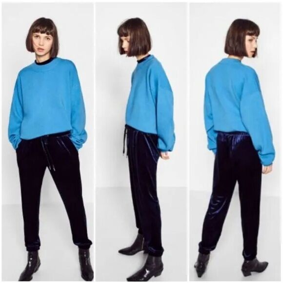 NWT Zara Women’s Blue Velvet High-Rise Straight-Leg Pants Large Dark Romantic - Picture 7 of 11